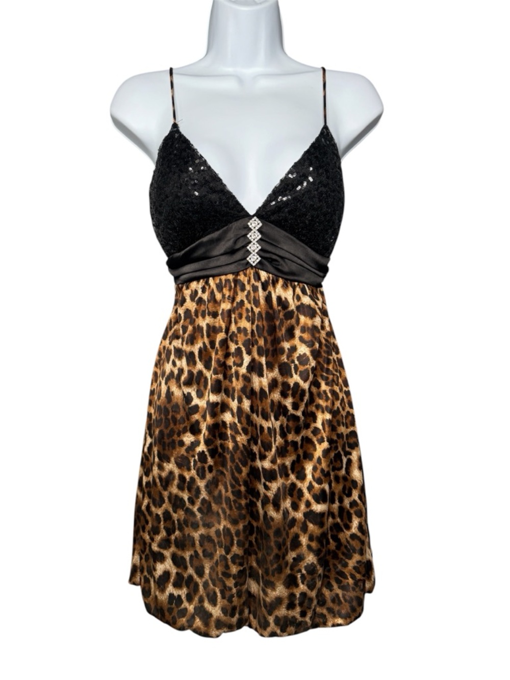 Papaya Black Sequin Leopard Print Babydoll Dress | Y2K Glam Mini | Size M